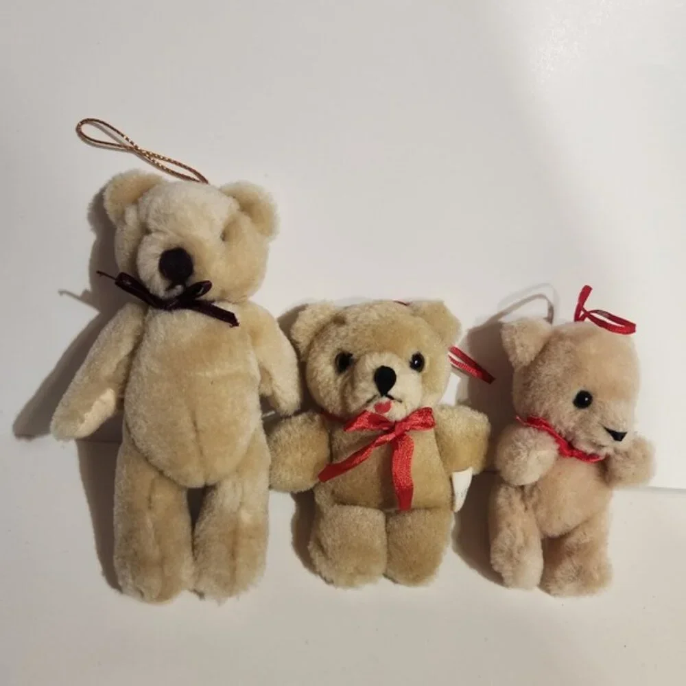 Set 3 vintage Small Teddy Bear Ornaments Christmas Festive Decor Tan Red Ribbon‎